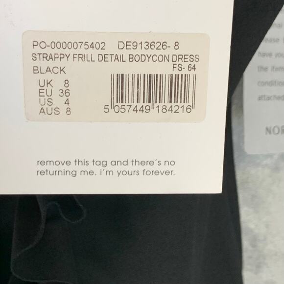 MISSGUIDED Solid Black Strappy Frill Detail Sleeveless Bodycon Mini Dress SZ 4 - Picture 7 of 11